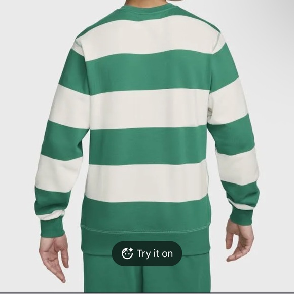 Nike Green and White Striped Sweater club fleece French terry crew neck cotton - Picture 2 of 8